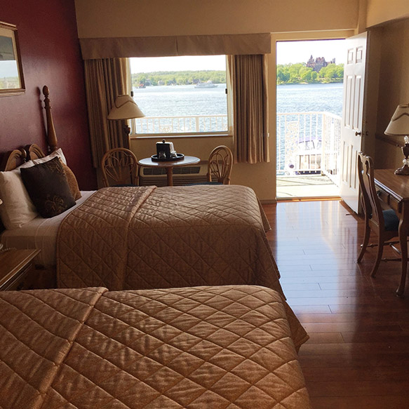 Views directly overlooking Boldt Castle and Heart Island from a private balcony.