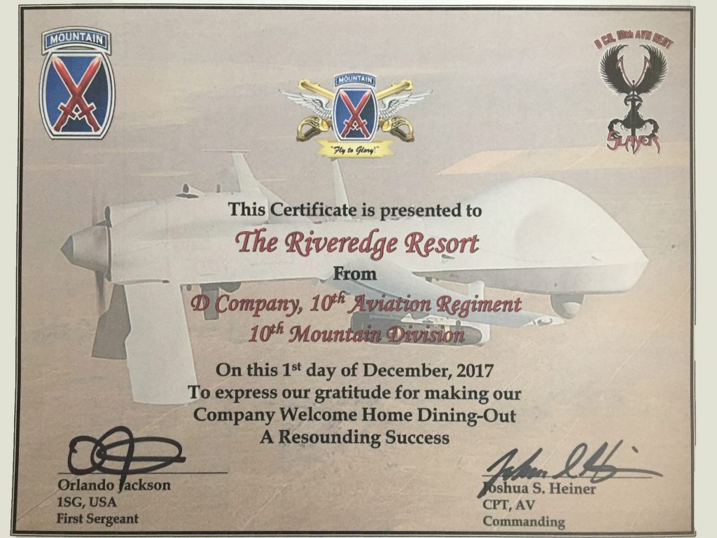 Certificate from D Company 10th Aviation Regiment 10th Mountain Division 